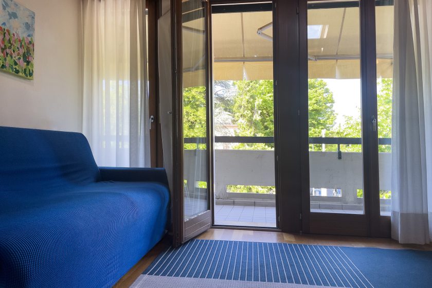 Ampia e alta sala con divano letto matrimoniale. Dalle ampie porte finestra con tapparelle elettriche, si accede alla terrazza, dotata di tenda